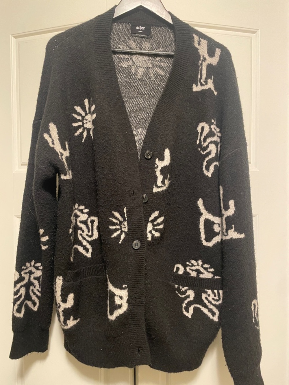 Other Black Cardigan with Cream Graphic Motifs
